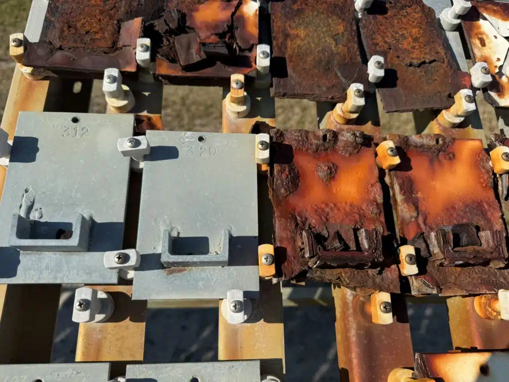 Panels at NASA’s beachside corrosion test site at Kennedy Space Center in Florida