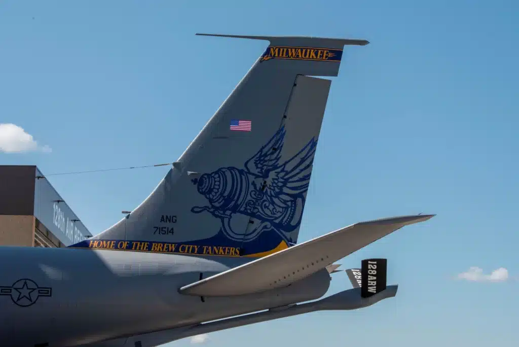 The repainted tail of the Boeing KC-135 Stratotanker